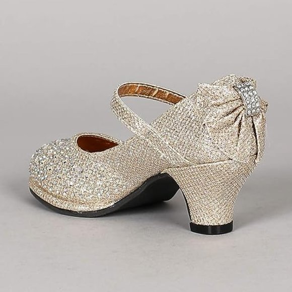Toddler/Little/Big Girl Glitter Rhinestone Bow Mary Jane Kitten Heel Pump -RGold - Picture 2 of 6